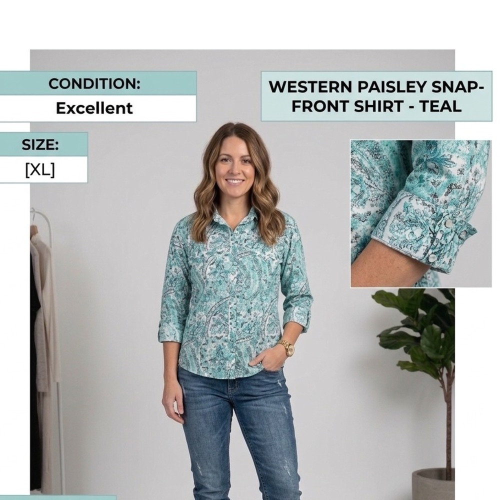 Rough Stock Panhandle Slim Western Pearl Snap Shirt Teal Paisley Boho XL